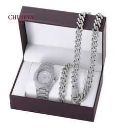 Bekijk Chuhan 3PCSSet Hip Hop Cuba Chains Iced Out Necklace Set Fashion Luxury Diamond ingelegde stalen band Quartz Watch Bracelet J3399711