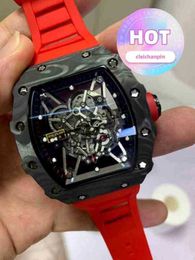 horloge Datum Luxe Heren Mechanica Horloge Rood Zwart Rubber Heren Saffier Automatisch Mechanisch Koolstofvezel Kalender Skeleton Glas Terug Doorzien Topkwaliteit