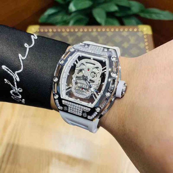 Reloj diseñador mecánico de hombres de lujo relojes Richa Milles Wallwatch Ghost Menic Mechanical R Watch Hollowed Diamond Skull