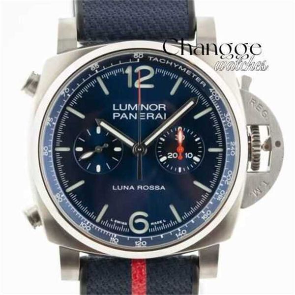 Regardez des montres de créateurs de haute qualité de luxe Peneri Lumino Chrono Luna Rossa Ref Pam 1303 Men's St Steel Blue Down Rubber