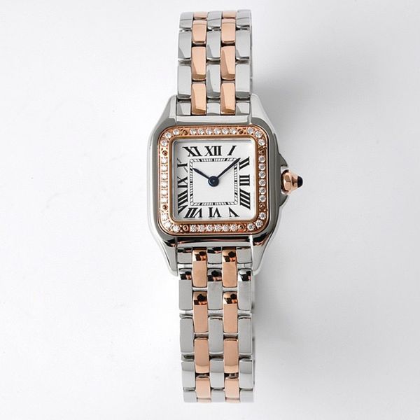 Reloj Reloj de alta calidad Reloj para mujer Reloj de diamantes Reloj de oro de 22 mm Reloj de oro rosa Movimiento de cuarzo Reloj digital romano Reloj casual con correa de acero de cuerno blanco Reloj elegante