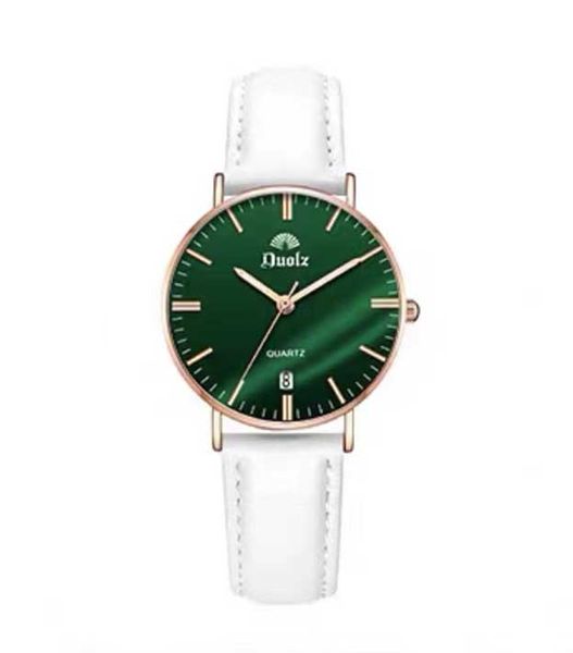 Montre, dames, simple, mouvement à quartz, rond, ceinture en cuir, boîtier en alliage, lumineux, verre minéral, élégant, compact, cadran vert