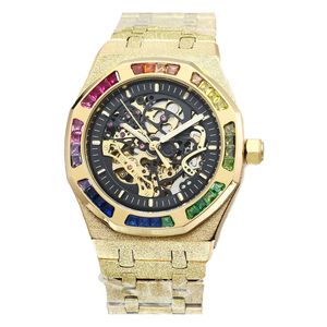 Horloge, Heren, Luxe, Master, uitgesneden wijzerplaat, kleurrijke met diamanten ingelegde ring, matgouden roestvrijstalen kast, opvouwbare strikgesp, automatisch mechanisch uurwerk