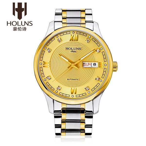 Reloj para hombre con cristal de zafiro, dorado, mecánico, automático, de acero inoxidable, fecha, semana, relojes de pulsera masculinos