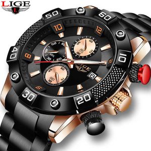 Montre Hommes Top Marque LIGE Mode Noir Classique Hommes Montres Grand Cadran Tout Stell Étanche Horloge Mâle Sport Chronographe 210527