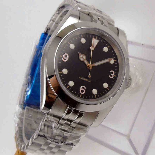 Reloj con marcas de oro rosa pulido, reloj mecánico de 36mm para hombre, 24 joyas, correa de Jubileo NH35A, cristal de zafiro con parte trasera de tornillo sólido