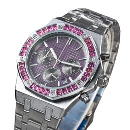 Montre Quartz Mouvement Designer Grand Grain Diamant Montres Cadran Violet En Acier Inoxydable D'affaires Étanche Montre-Bracelet Hommes Bracelet Montre De Luxe Bracele Cadeau