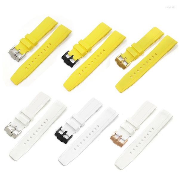 Kits de reparación de relojes, 22mm, correa de silicona amarilla y blanca, banda deportiva con extremo curvo para SKX007 009 SRPD, piezas de caja de pulsera con hebilla de acero