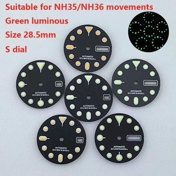 Kits de réparation de montres 28.5mm NH35 cadran S vert lumineux MOD pièces pour NH36 mouvement mécanique accessoires outils