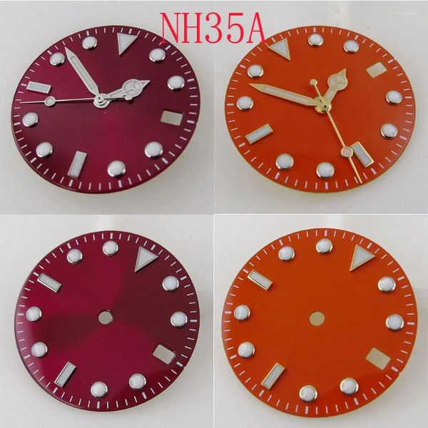 Kits de réparation de montres, aiguilles à cadran Orange/rouge de 28.5mm, visage stérile adapté pour NH35/NH35A, mouvement automatique, Date, fenêtre lumineuse
