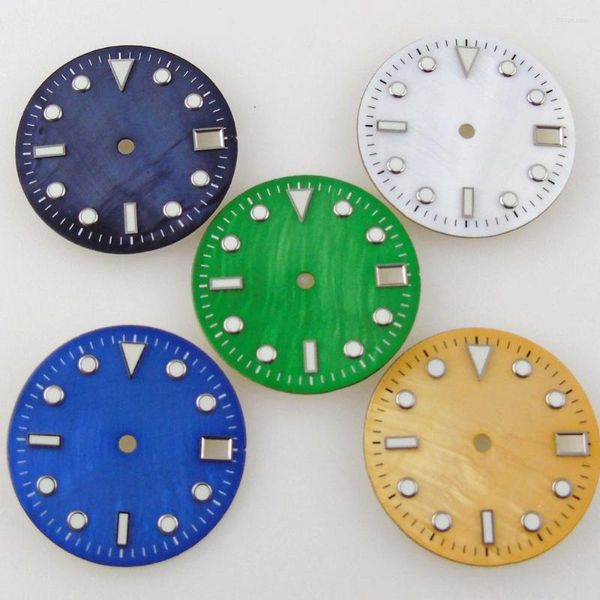 Kits de reparación de relojes Material de la carcasa de 28,5 mm Esfera de relojes para NH35/NH35A Movimiento automático Ventana de fecha Verde Lume Dorado/Azul/Verde/Blanco