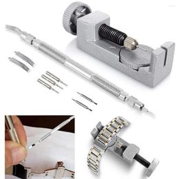 Bekijk reparatiekits 9 stc metaal verstelbare bandband Bracelet Link Pin Remover Tool Kit voor horloges Twee koppen rauw oorvork