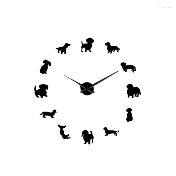 Kits de reparación de relojes Diy Dachshund Wall Art Wiener-Dog Puppy Dog Pet Reloj gigante sin marco con efecto espejo Salchicha grande
