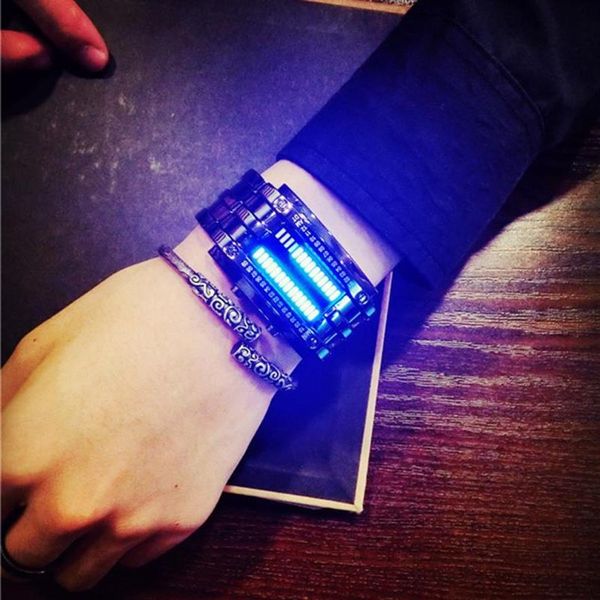 Reloj de acero inoxidable azul binario luminoso LED pantalla electrónica relojes deportivos para amantes hombres mujeres regalos 289A