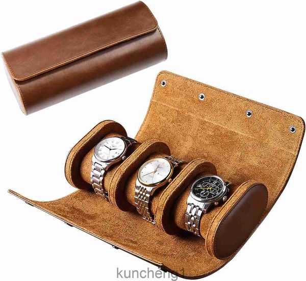 Regardez le boîtier de voyage Luxury Leather Watch Roll 3 Organisateur de machines à sous Box Boîte de rangement de bijoux pour homme et femme Anniversaire de l'anniversaire de Noël (Brown-3Slot)