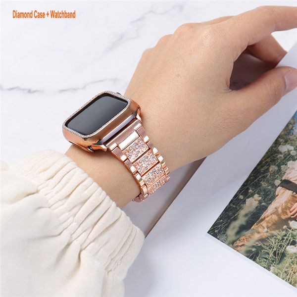 caja de la correa de reloj + Con Apple Watch Band 38 40 41 42/44/45/49mm Mujeres Bling Diamond Rhinestone Correa de metal Pulsera de repuesto para iWatch Ultra SE 8 Series8 7 6 5 4 3