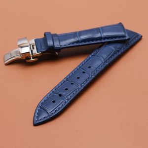 Bracelet de montre en cuir véritable de qualité, 14mm, 16mm, 18mm, 20mm, 22mm, bleu foncé, bracelet, fermoir en argent, accessoires de montre2824