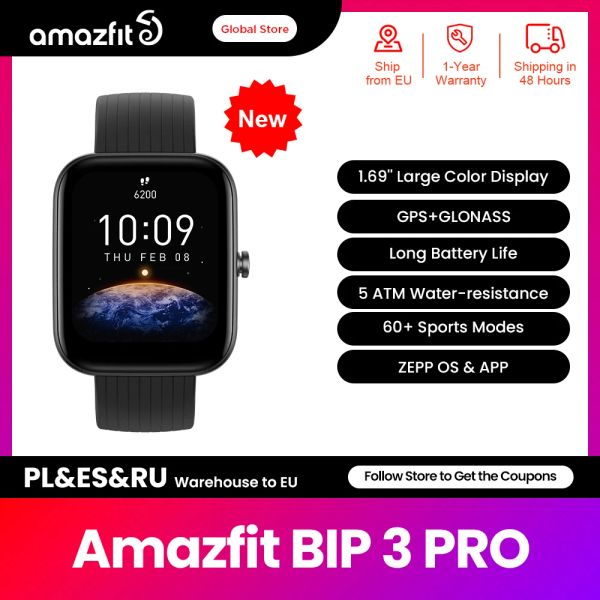 Montres 2022 Nouveau produit Amazfit Bip 3 Pro Smartwatch 60+ Modes sportifs 5 ATM WaterResistance GPS Smart Watch pour Android iOS Phone