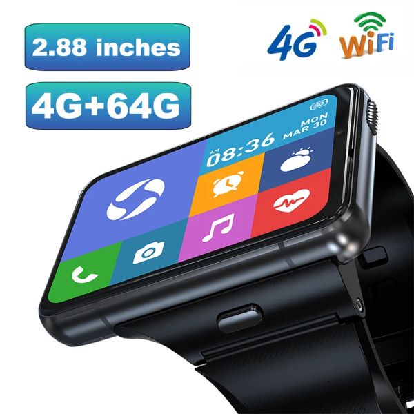 Montres 2023 Smart Watch Téléphone 4G LTE 4 + 64 Go Smartwatch 2,88 pouces Screen Men Watch 2300mAh Double Camera Face Unlock GPS WiFi Android 9