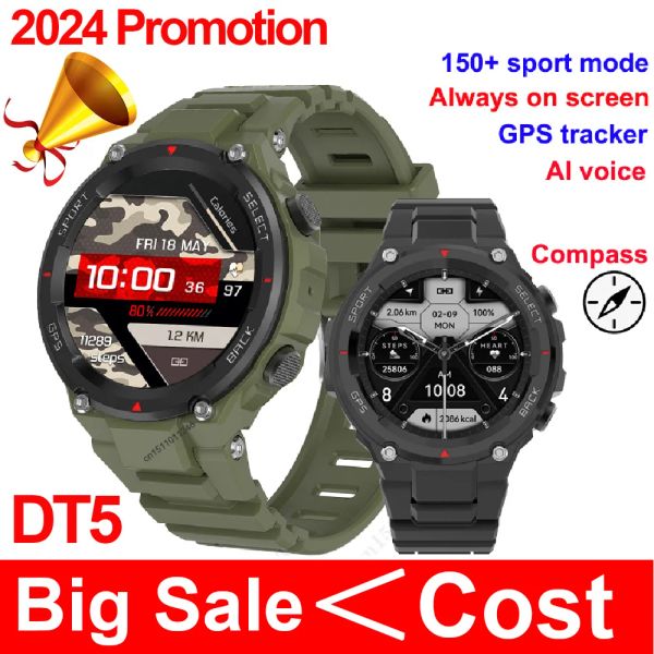 Montres 2024 Nouveau DT5 Smart Watch Men Men Compass Bluetooth Call Heart Rate 150+ Sports GPS Track IP68 Android intelligent IP68 IP68 IP68