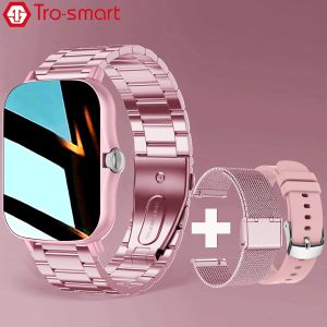 Horloges + 2 stuks bandjes Smart Watch Dames Heren Smartwatch Vierkant Roestvrij staal Slimme klok voor Android IOS Fitness Tracker Trosmart Merk