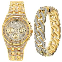 Montres 2pcs Gold Watch Bracelet for Men Cuban Chain Cuban Male Bling Iced Out Wristwatch Top Brand Women Boys Horloge Set Groomsmen Gift