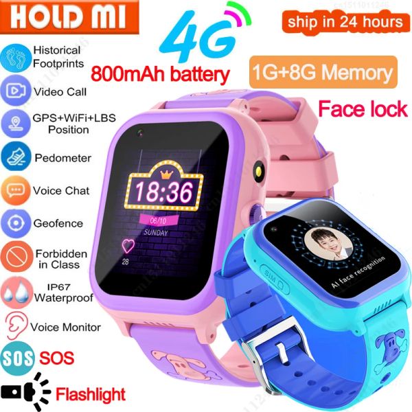 Reloj 4G Smart Smart Watch Kids GPS Tracker Video llamadas Teléfono Mira la llamada de la llamada del monitor SOS Face Lock Impermeable Regalo de los niños de relojes inteligentes