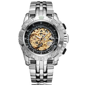 Kijkt grote wijzerplaat automatisch mechanisch horloge mannen roestvrijstalen armband Rusland Brazilië pols horloges heren luxe gouden zilveren polshorloge