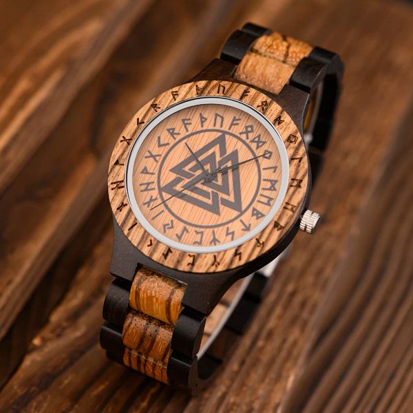 Relojes Bobo Bird Viking Reloj de madera para hombre con Yelmo de asombro Círculo rúnico único Vegvisir Valknut Reloj de pulsera de cuarzo Relojes con símbolo nórdico