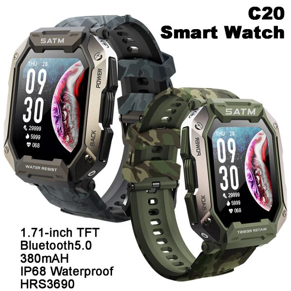 Relojes C20 Military Smart Watch IP68 impermeable 5atm Sport Outdoor Fitness Tracker Heart Rate Health Monitor 380mAh 1.71 pulgadas Smartwatch