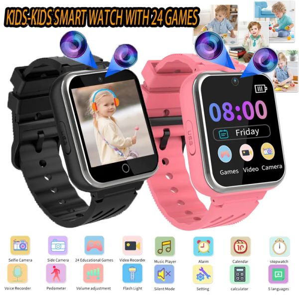 Regarde la montre intelligente des enfants avec enregistrement vidéo et 24 jeux Smartwatch pour les enfants avec un cadeau pour enfants à double appareil photo pour Noël d'anniversaire