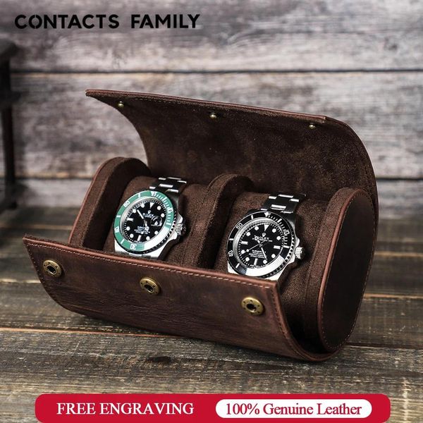 Orologi Contact's Family Custodia per orologio in pelle Crazy Horse a 2 slot Custodia portatile per orologio stile vintage Custodia per gioielli da viaggio