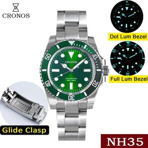 Montres Cronos Diver Watch for Men Bracelet en acier inoxydable NH35 Céramic Bezel 20Bars Imperproof Reloj Hombre Glide Clasp Watch