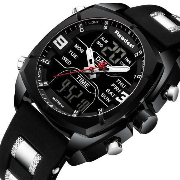 Montres Fashion Chronograph Sports Men Watch Army Military Rubber Analog Digital Wristwatch double affich