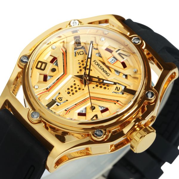 Montres ForsiNing Gold Sports Mens Watchs Top Brand Brand Luxury Calendar Hollow Out Dial Military Automatic Mécanical Watch Rubber Socle