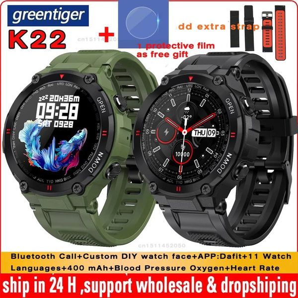 Relojes Greentiger K22 Reloj inteligente Hombres Dial Bluetooth Llamada Presión arterial Oxígeno Reloj despertador Impermeable Deporte Fitness Smartwatch PK W56