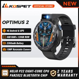 Montres Kospet Optimus 2 Ultra 4G Android Smartwatch Phone 4 Go + 128 Go 13MP 90 ° Lampe de poche 2260mAh GPS Fitness Men de montre intelligente électronique