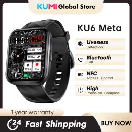 Montres KUMI KU6 Meta Smart Watch 1,96 "100 + mode sport Cadran avec boussole NFC Bluetooth Détection de vivacité d'appel IP68 étanche pour hommes