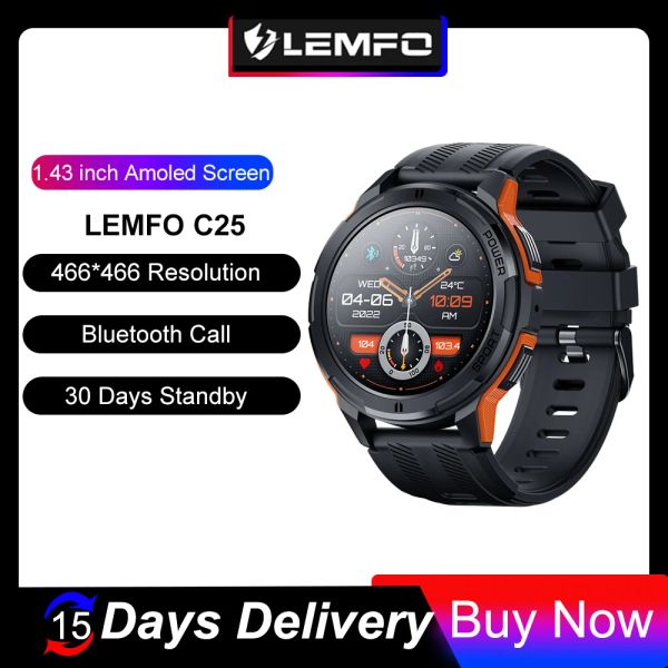 Relojes Lemfo C25 Amoled Smart Watch Men Smartwatch 2023 1atm Impermeable Bluetooth Llame a 1.43 pulgadas HD 466*466 Pantalla 100+ Sports 30 días