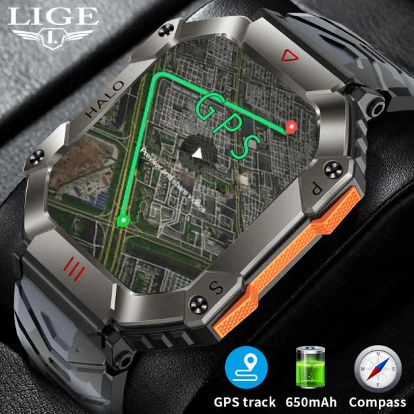 Regarde Lige Men Smart Watch pour Android iOS Fitness Outdoor Sport Bluetooth Call 650mA Bracelet Military Healthy Monitor GPS Smartwatch