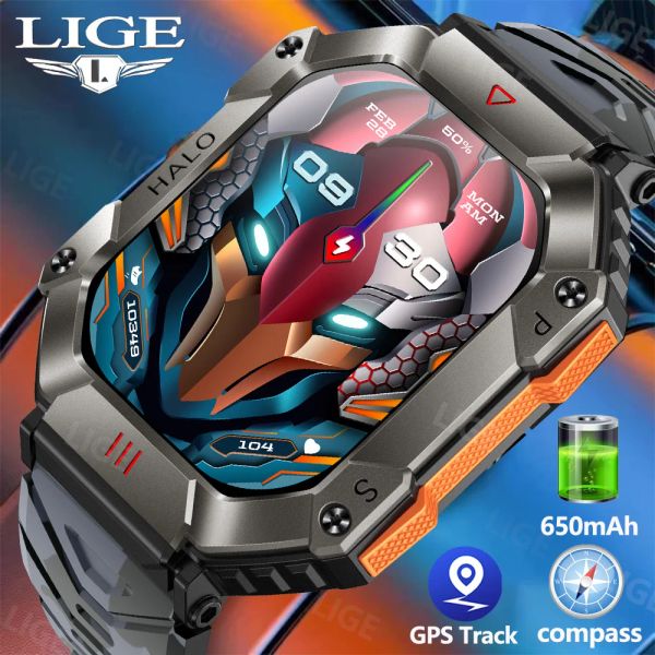 Regarde lige New Men's Smart Watch 650mAh grande batterie AI Assistant Assistant Compass GPS Movement Track Outdoor Sport Adventure Smartwatch