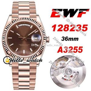 Horloges Mannen Luxe Merk EWF Datum 36mm A3255 Automatische Mens Horloge 128235 Bruin Dial Stick Markers Rose Gold Steel Bracelet HWRX met garantiekaart