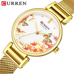 Montres Men New Curren Watches Watan Femmes en acier inoxydable Regarder Beautiful Flower Design Wrist Watch For Women Summer Dames Watch Quartz Clock High Quality