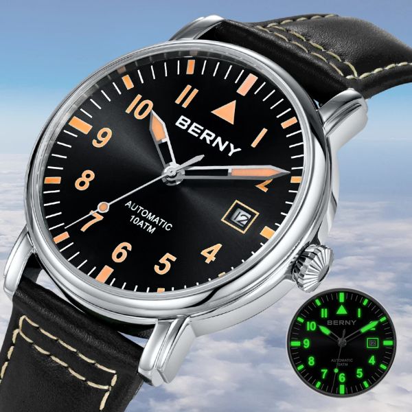 Relojes Hombres Reloj de piloto Reloj mecánico automático militar Deporte Zafiro Luminoso Impermeable 100 m Reloj de pulsera mecánico de aviador Hombres