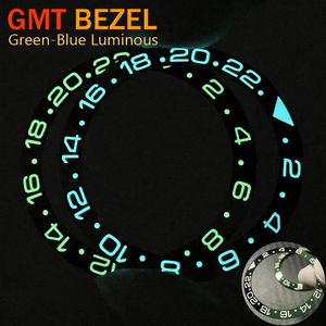 Relojes Mod Gmt Inserciones de bisel de cerámica 38 mm * 30,6 mm C3 Verde / azul Luminoso Modificado Nh34 Gmt Piezas de caja de reloj Bisel verde negro inclinado