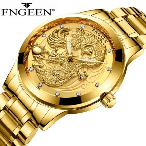 Relojes nuevos Golden Mens Watches Top Brand Chinese Dragon Quartz Watch Business Clock de acero inoxidable Relogio Masculino S666