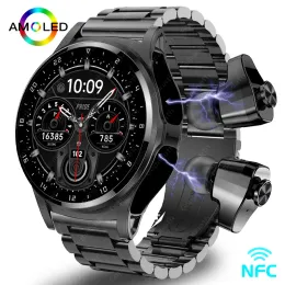 Montres New NFC Smartwatch TWS Bluetooth Headset TwoInone 1.39HD Affichage IP67 Imperméable Sé frémissement cardiaque Monitor Sports masculins SmartWarch2023