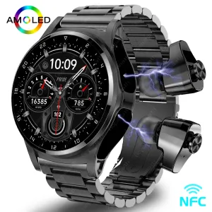 Montres New NFC Smartwatch TWS Bluetooth Headset TwoInone 1.39HD Affichage IP67 Imperméable Sé frémissement cardiaque Monitor Sports masculins SmartWarch2023
