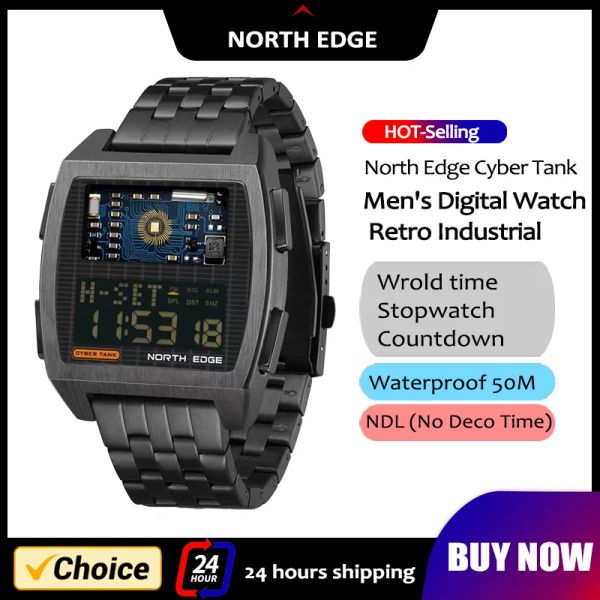 Regarde North Edge New Men's Digital Watch Retro Industrial Style All Metal Body Sports Watch Imperproof 50m Cyber Tank Smart Watch Men