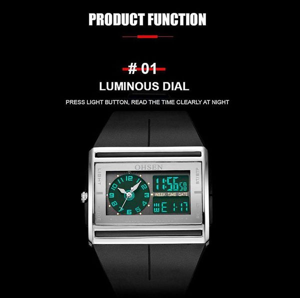 Mira la marca Ohsen Digital Quartz Mens Fashion Sport Watch Wallwatch Dual Time Display de 30 m Pandilla de goma impermeable LCD LCD Male Reloj